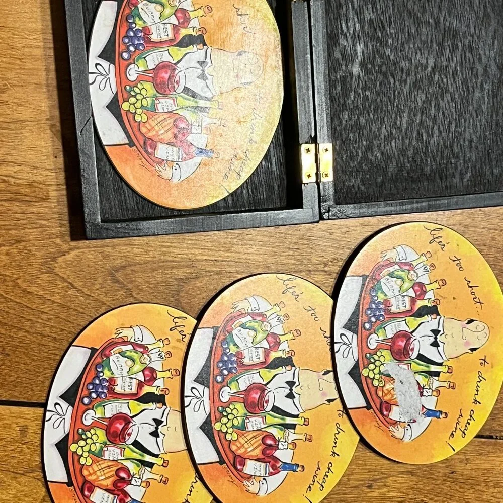TRACY PORTER Art Coaster Set Chef Wine Quote Cork Back Wood Box 4pc Oval Decor